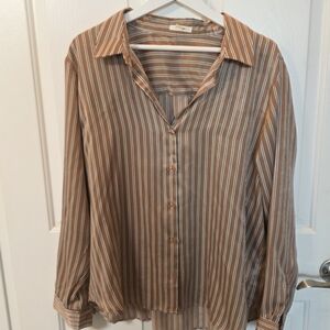 Womens Satin Tan Striped Casual Button-Down Shirt